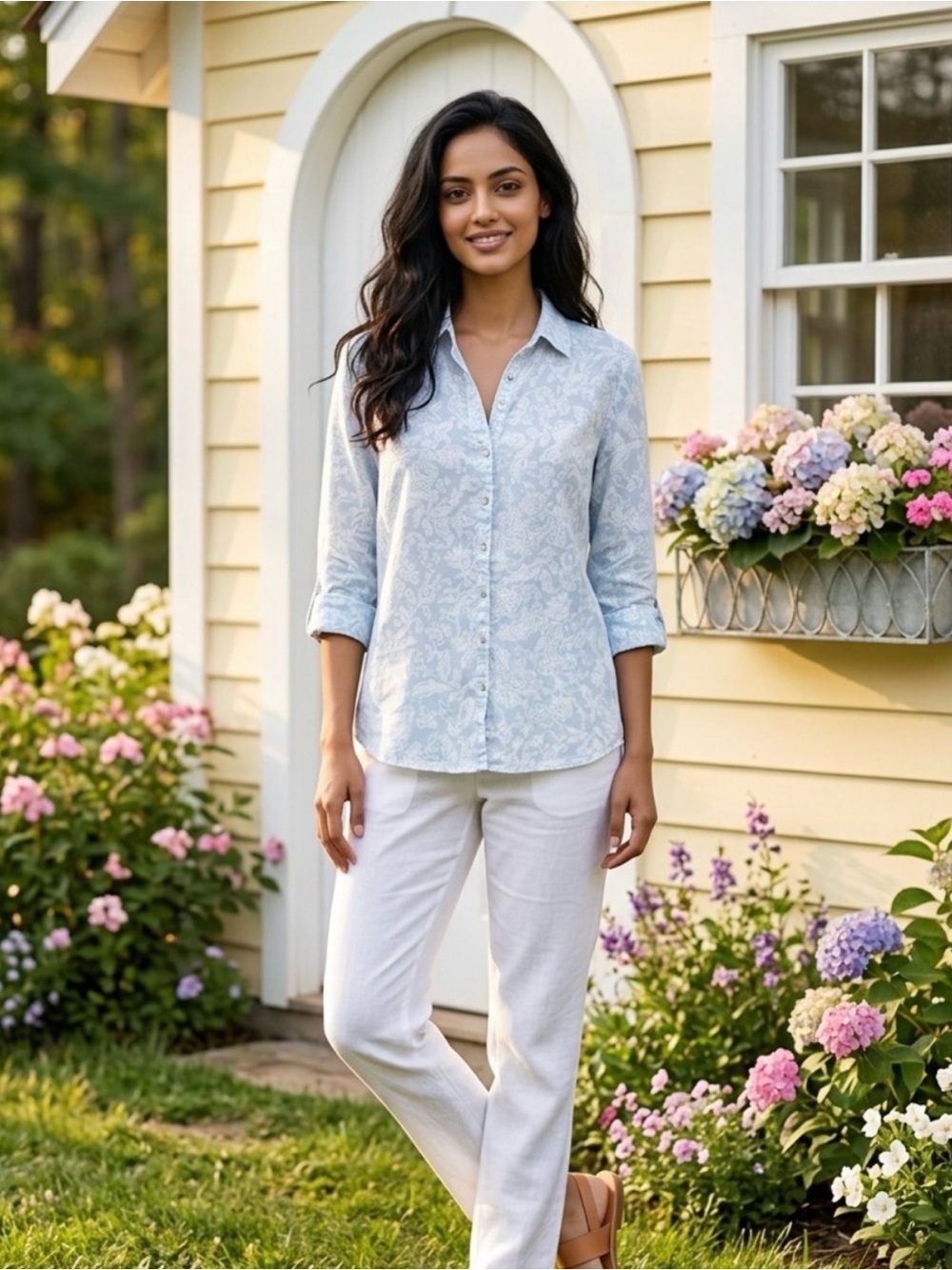 Rachel Zoe 100% Linen Paisley Button Down Shirt Blue White Coastal Beach Size L